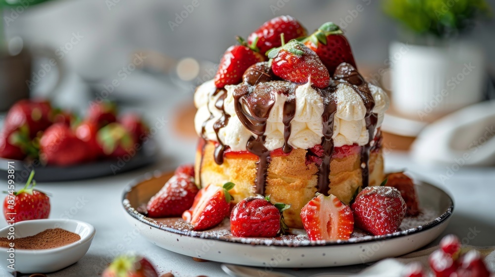 dessert photography, a luscious strawberry shortcake adorned with chocolate drizzle, a decadent dessert set in a vibrant kitchen ambiance dessert photography, a luscious strawberry shortcake adorned with chocolate drizzle, a decadent dessert set in a vibrant kitchen ambiance