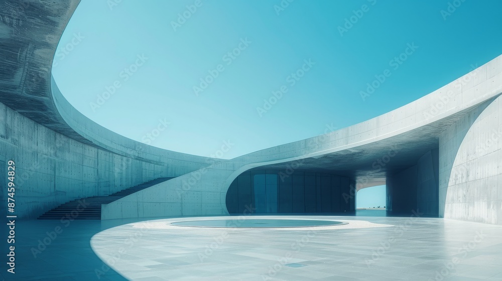 Fototapeta premium Modern architectural scene with smooth, curved concrete walls and an open courtyard under a clear blue sky, emphasizing minimalism and contemporary design