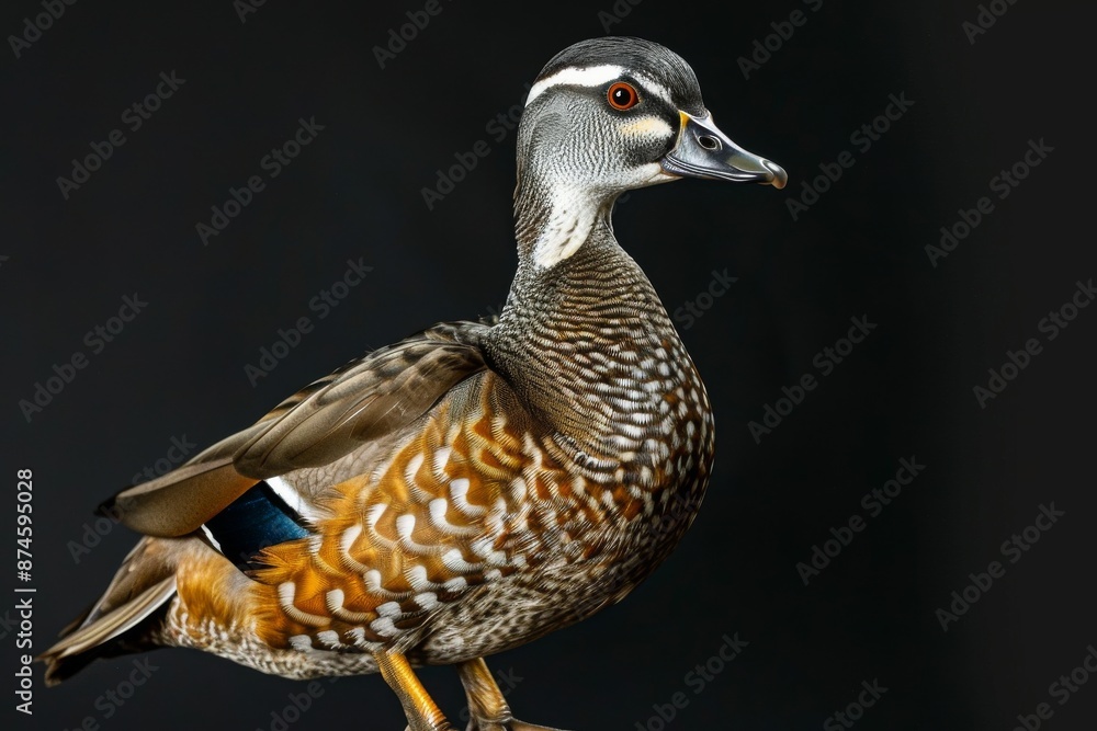 the beside view Australian Wood Duck, left side view, white copy space on right, isolated on black background the beside view Australian Wood Duck, left side view, white copy space on right, isolated on black background