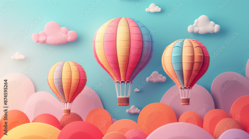 Bright hot air balloons float above colorful hills with a whimsical sky backdrop, creating a dreamlike scene. Bright hot air balloons float above colorful hills with a whimsical sky backdrop, creating a dreamlike scene.