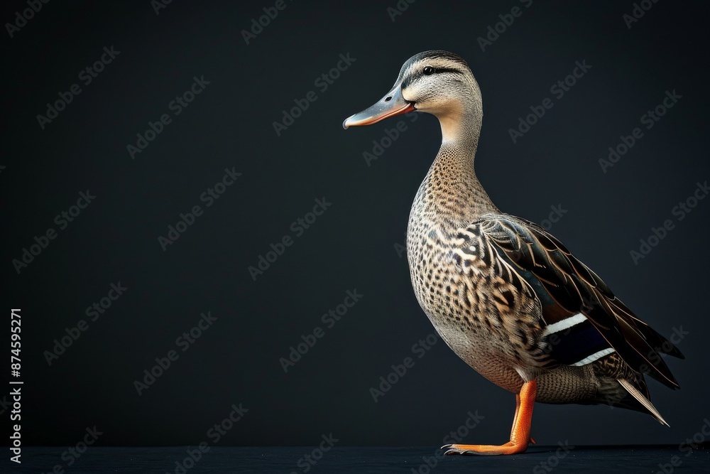 the beside view Indian Spot-billed Duck, left side view, white copy space on right, isolated on black background the beside view Indian Spot-billed Duck, left side view, white copy space on right, isolated on black background