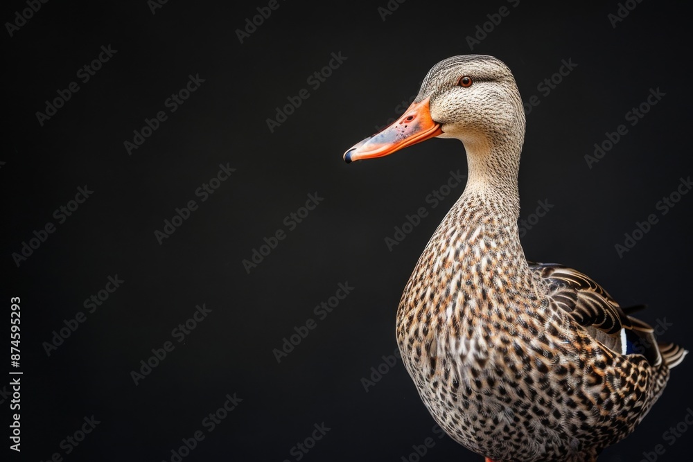 the beside view Indian Spot-billed Duck, left side view, white copy space on right, isolated on black background the beside view Indian Spot-billed Duck, left side view, white copy space on right, isolated on black background