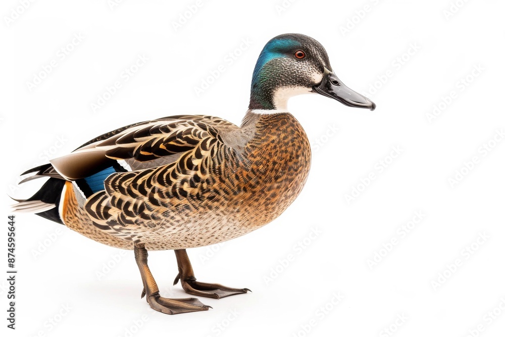 the beside view of a Blue-winged Teal, left side view, white copy space on right, dutch angle view, isolated on white background the beside view of a Blue-winged Teal, left side view, white copy space on right, dutch angle view, isolated on white background