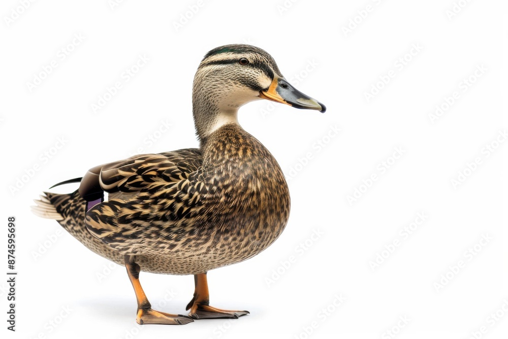 the beside view of a Indian Spot-billed Duck, left side view, white copy space on right, dutch angle view, isolated on white background the beside view of a Indian Spot-billed Duck, left side view, white copy space on right, dutch angle view, isolated on white background