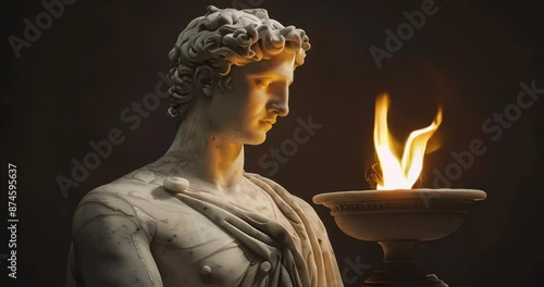 Ancient Apollo god statue with burning Olympic flame symbolizing unity, tradition, and sportsmanship against dark background