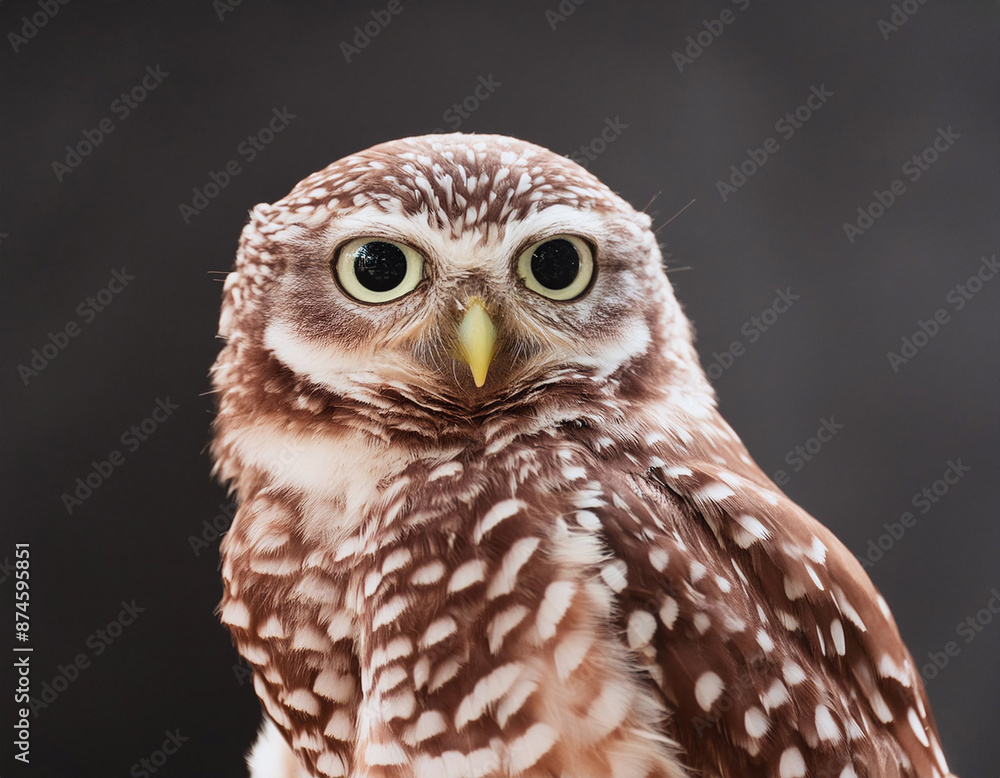 Obraz premium Close-up of burrowing owl with bright yellow eyes and intricate brown and white patterned feathers against a dark background