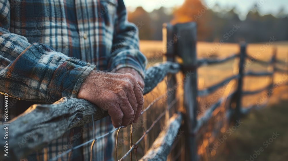Fototapeta premium A farmer leans on a fence and looks out at his land. AI.