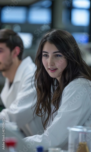 A young female scientist wearing a lab coat is working in a laboratory. AI.