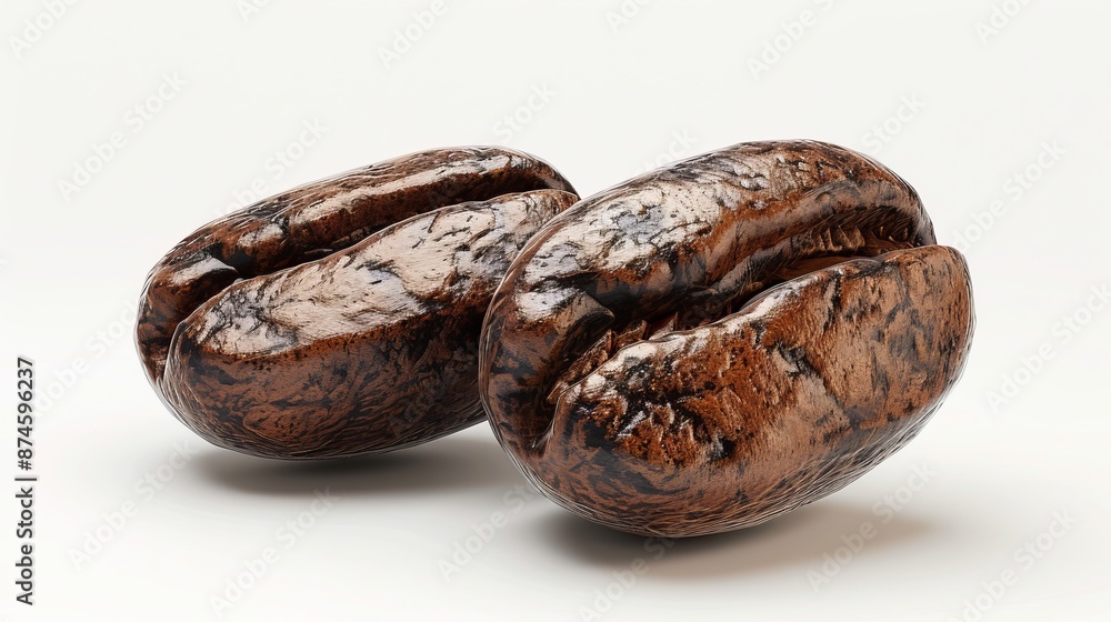 Obraz premium High-quality 3D rendering of two realistic coffee beans, emphasizing texture and detail, set against a clean white background