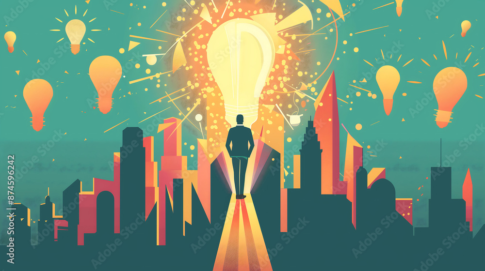 A person walking towards an idea light bulb, surrounded by a cityscape elements and glowing lights. Vector illustration with a flat design style. A person walking towards an idea light bulb, surrounded by a cityscape elements and glowing lights. Vector illustration with a flat design style.