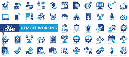 Remote working icon collection set. Containing employment, workplace, workhouse, digital nomad, mobile work, internet, cloud computing icon. Simple flat vector