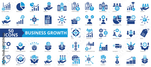 Business growth icon collection set. Containing market share, planning, revenue, decision making, strategy, idea, opportunity icon. Simple flat vector