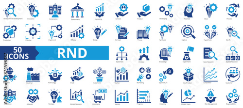RND icon collection set. Containing research and development, innovative, corporation, government, improving, services, product icon. Simple flat vector