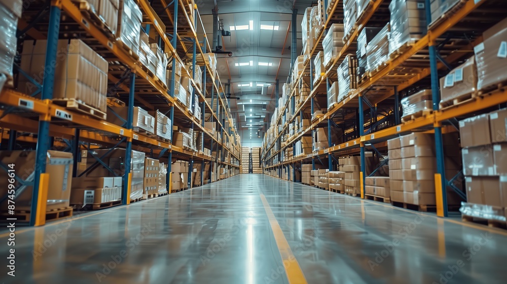 Warehouse or storehouse with rows of shelves and racks with goods Warehouse or storehouse with rows of shelves and racks with goods