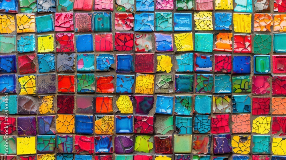 A detailed view of a mosaic tile with vibrant colors and a glossy finish A detailed view of a mosaic tile with vibrant colors and a glossy finish
