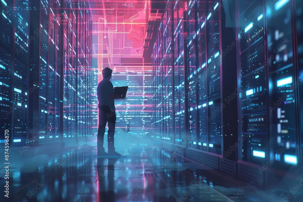 Obraz premium Futuristic Animated Concept: Big Data Center Chief Technology Officer Using Laptop Standing In Warehouse, Information Digitalization Lines Streaming Through Servers. SAAS, Cloud Computing
