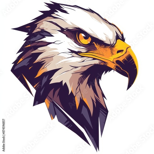 Bald eagle head graphic illustration design, vector art with grunge texture in shades of purple and yellow. American eagle, symbol of freedom, power and strength. photo