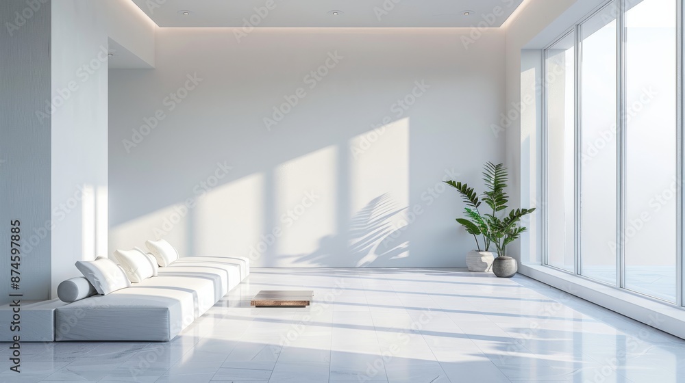 Fototapeta premium Minimalist interior of a white room with soft, diffused lighting creating subtle shadows, emphasizing simplicity and elegance