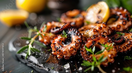 A close-up shot of grilled octopus rings garnished with fresh herbs and lemon slices, served on a sleek slate platter, exuding a gourmet culinary presentation. photo