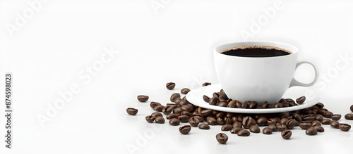 Hot coffee and roasted coffee beans on a white background 