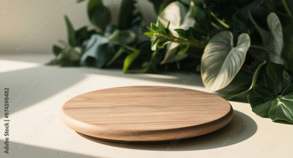 A round wooden pedestal for product presentation, on a lush and vibrant background of exotic flowers and green leaves. for text A round wooden pedestal for product presentation, on a lush and vibrant background of exotic flowers and green leaves. for text