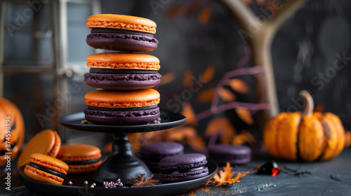 spooky halloween macaron tower in orange and black with autumn backdrop photo