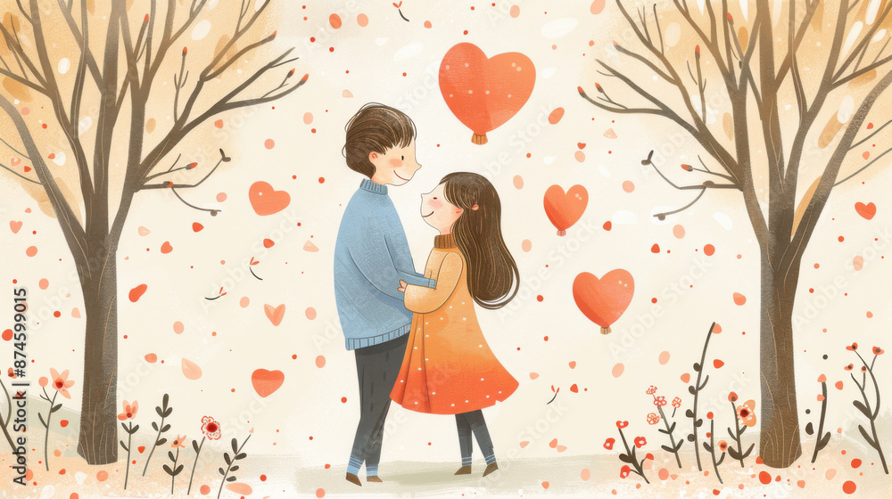 Illustration of a couple hugging among heart balloons and autumn trees, evoking romance and warmth. Illustration of a couple hugging among heart balloons and autumn trees, evoking romance and warmth.