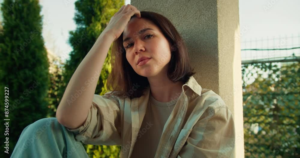 Portrait of a confident brunette girl with a bob hairstyle in a plaid shirt who straightens her hair and leans on the column of a private house in the summer Portrait of a confident brunette girl with a bob hairstyle in a plaid shirt who straightens her hair and leans on the column of a private house in the summer
