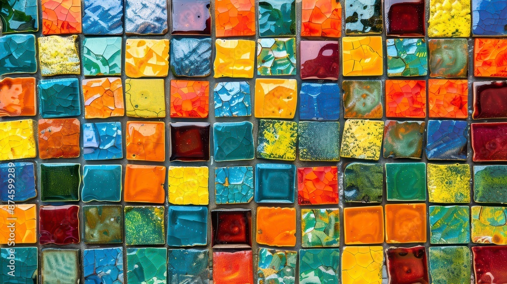 A detailed view of a mosaic tile with vibrant colors and a glossy finish A detailed view of a mosaic tile with vibrant colors and a glossy finish