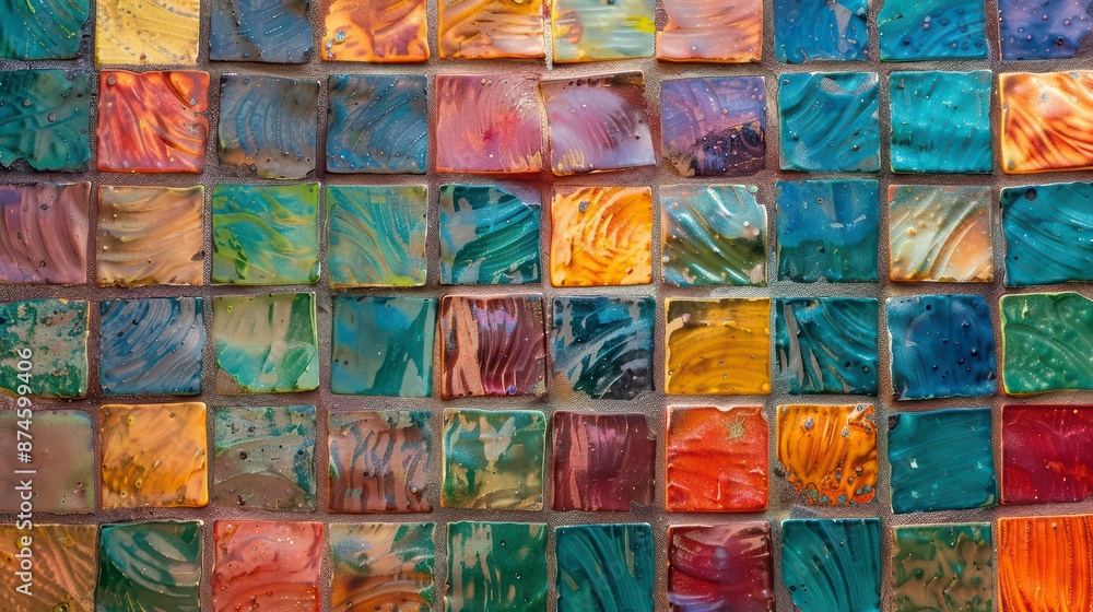A detailed view of a mosaic tile with vibrant colors and a glossy finish A detailed view of a mosaic tile with vibrant colors and a glossy finish
