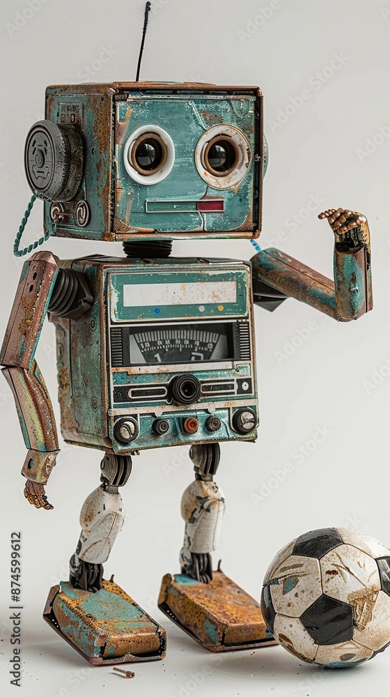 Fototapeta premium Retro Toy Tin Robot football player or athlete plays with vintage soccer ball, sport game, old technology and science concept, isolated on white background