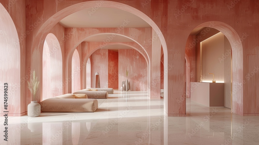 Minimalist interior with a series of pink arches and gold accents, creating a sense of depth and elegance, set in a clean and bright space Minimalist interior with a series of pink arches and gold accents, creating a sense of depth and elegance, set in a clean and bright space