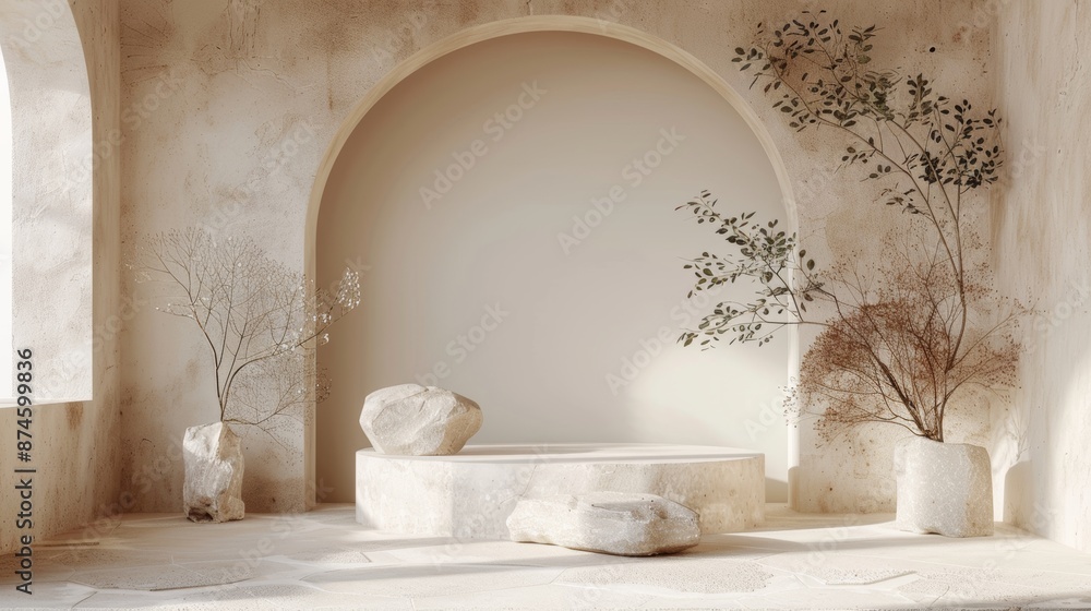 Minimalist 3D render of geometric shapes and natural elements, including arches, plants, and stones, set against a neutral beige background, emphasizing simplicity and balance Minimalist 3D render of geometric shapes and natural elements, including arches, plants, and stones, set against a neutral beige background, emphasizing simplicity and balance