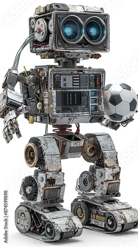 Retro Toy Tin Robot football player or athlete plays with vintage soccer ball, sport game, old technology and science concept, isolated on white background