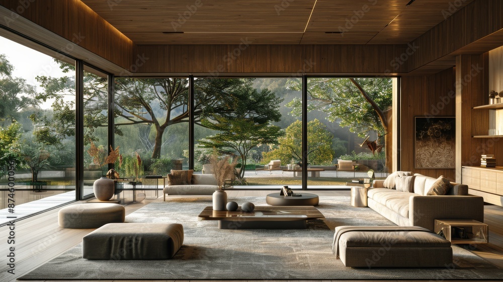 Modern living room interior with wooden panel walls, minimalist furniture, and large windows overlooking a serene landscape, creating a warm and inviting atmosphere Modern living room interior with wooden panel walls, minimalist furniture, and large windows overlooking a serene landscape, creating a warm and inviting atmosphere