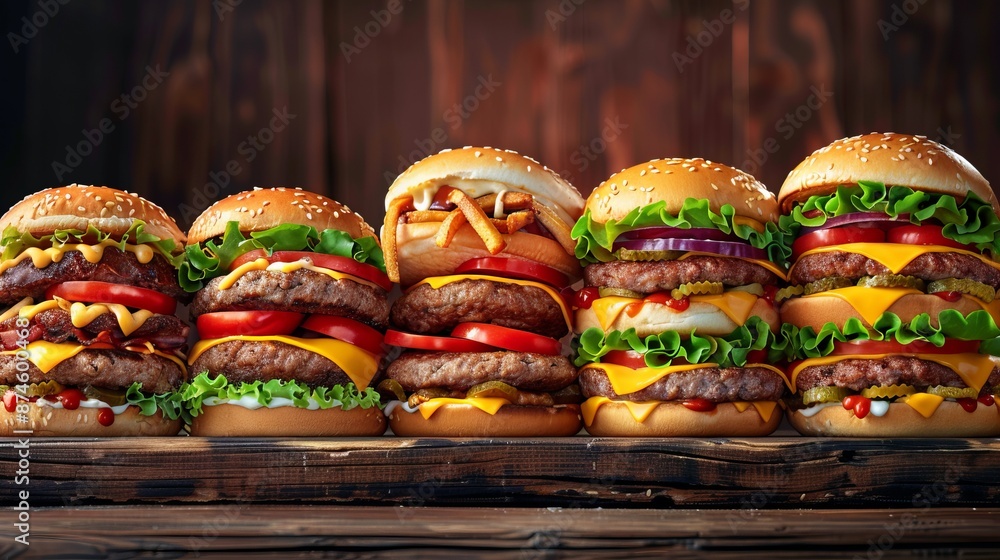 Delicious gourmet burgers lined up on wooden table. Juicy beef patties with fresh lettuce, tomato, cheese, and sesame seed buns. Perfect for food blogs or recipe websites. AI Delicious gourmet burgers lined up on wooden table. Juicy beef patties with fresh lettuce, tomato, cheese, and sesame seed buns. Perfect for food blogs or recipe websites. AI