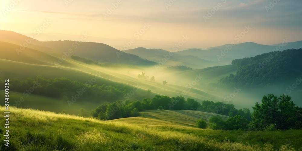 Fototapeta premium A beautiful, lush green field with a foggy mist in the air. The mist gives the scene a serene and peaceful atmosphere