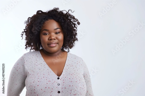 A woman with curly hair is wearing a white shirt and smiling. Concept of confidence and positivity