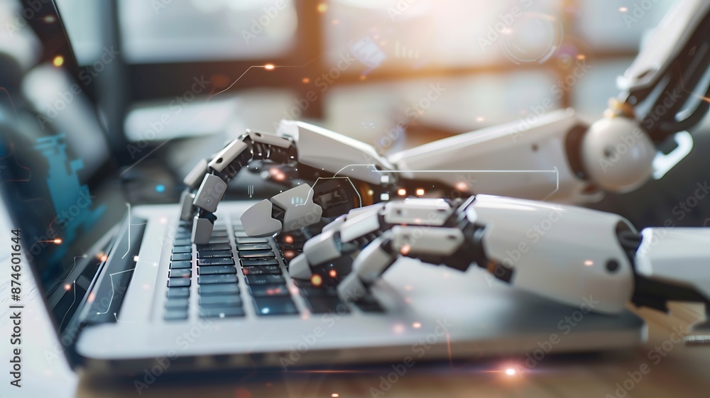 Robotic hand typing on laptop in modern office Robotic hand typing on laptop in modern office