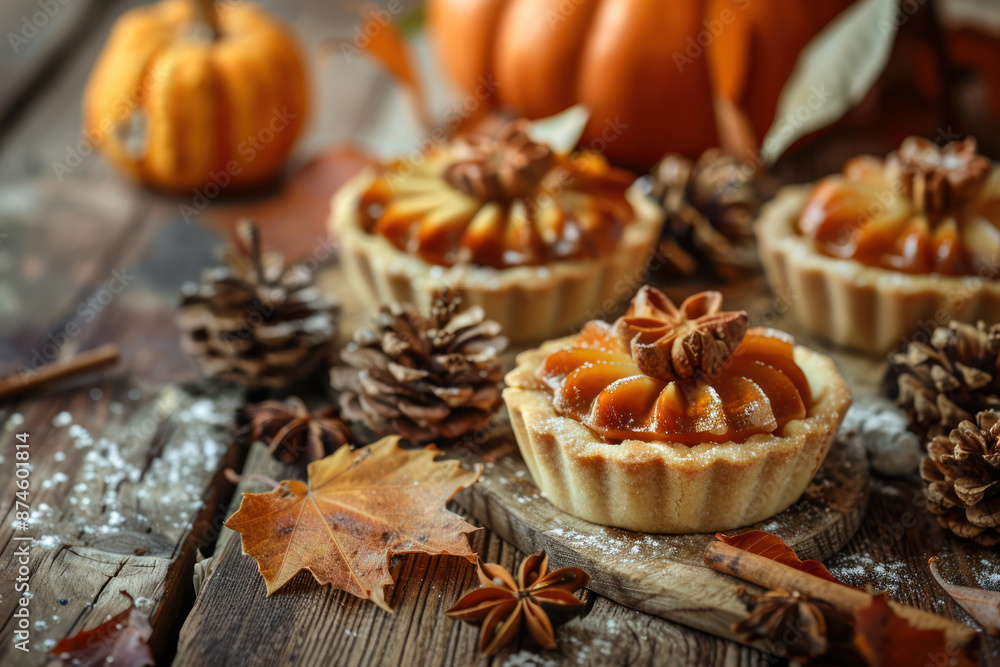 Fototapeta premium spiced pumpkin tartelettes decorated with star anise and pine cones on a wooden background