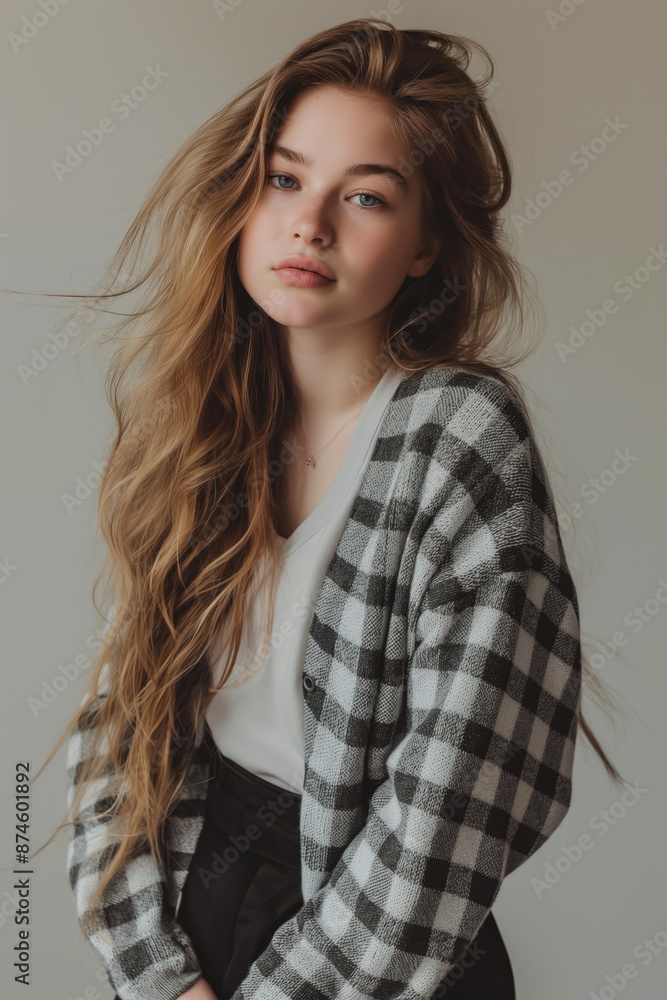 teenage girl with long wavy hair wearing plaid jacket and black skirt against soft background teenage girl with long wavy hair wearing plaid jacket and black skirt against soft background
