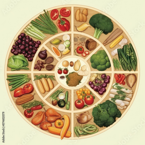 Circle diagram of vegetarian fruits and vegetables. Choose yor own healthy food concept. Flatly nutrition diet photo