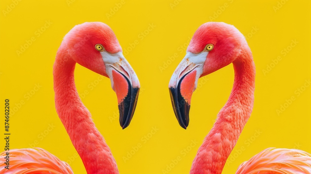 Obraz premium left and right a flamingo and in the middle free space, yellow background, photorealistic, depth of field, intense colors, clear sharpness, hyperdetailed, >