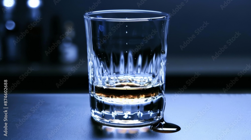 A halfempty glass of whiskey on a dimly lit bar counter with a solitary tear sliding down the glass capturing the loneliness and melancholy of seeking solace in drink