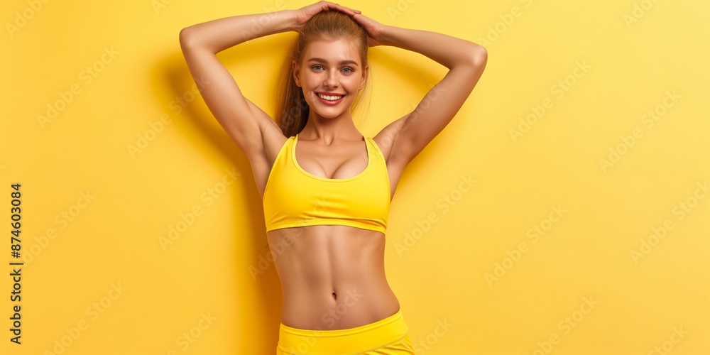 A woman in a yellow tank top and shorts is smiling and posing for a picture. The bright yellow color of her outfit and the wall behind her creates a cheerful and energetic mood A woman in a yellow tank top and shorts is smiling and posing for a picture. The bright yellow color of her outfit and the wall behind her creates a cheerful and energetic mood