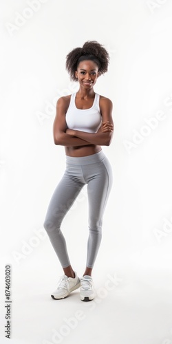 A woman is posing for a picture in a white tank top and grey pants. She is smiling and has her arms crossed. Concept of confidence and positivity