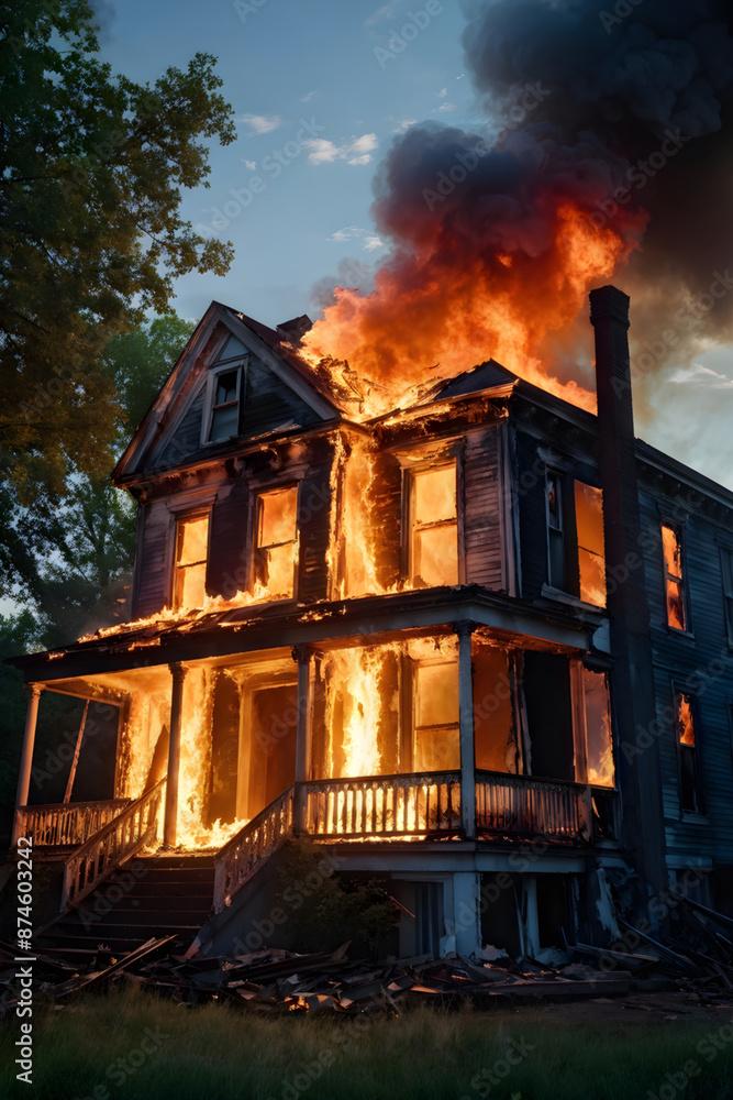 Flames ravage through a classic American home at twilight, a stark contrast of fire against the night sky Flames ravage through a classic American home at twilight, a stark contrast of fire against the night sky