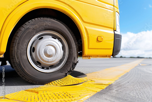 An old, worn, flat tire of a school bus
