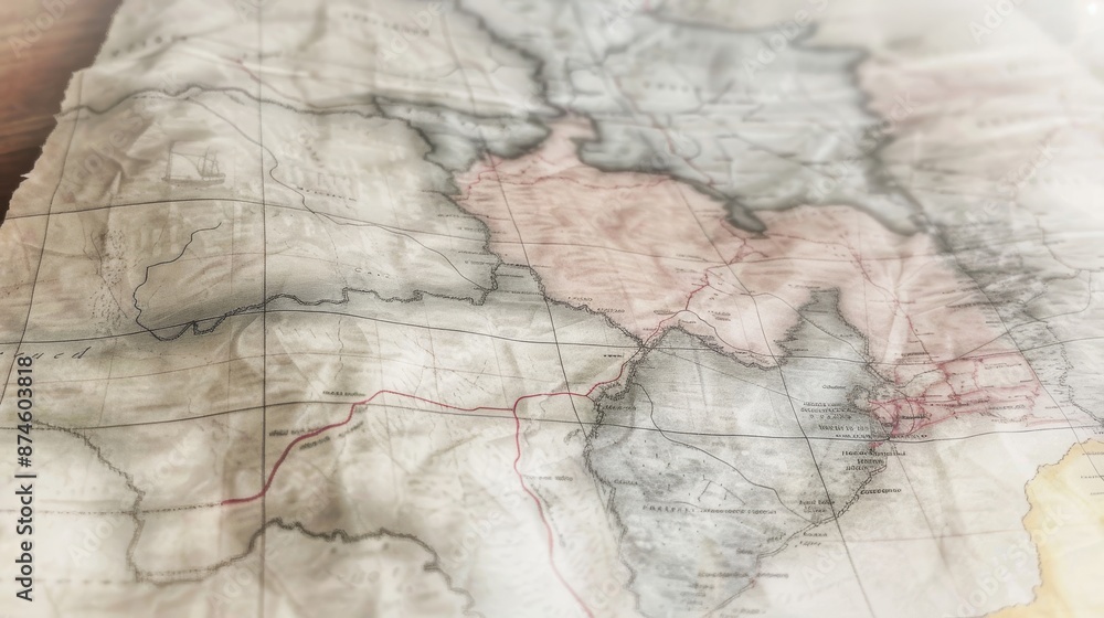 Fototapeta premium A detailed vintage map overlaid with modern digital textures symbolizing the intersection of past and present in graphic design