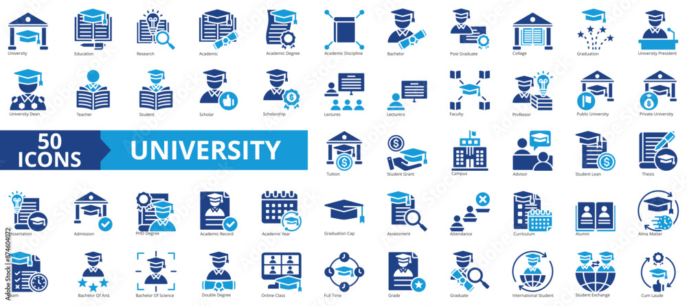 University icon collection set. Containing education, research, academic, degree, discipline, bachelor, post graduate icon. Simple flat vector. University icon collection set. Containing education, research, academic, degree, discipline, bachelor, post graduate icon. Simple flat vector.